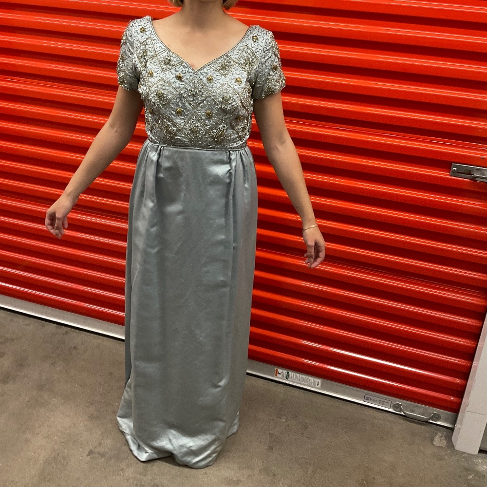 1965 LIght Blue Beaded Satin Evening Dress